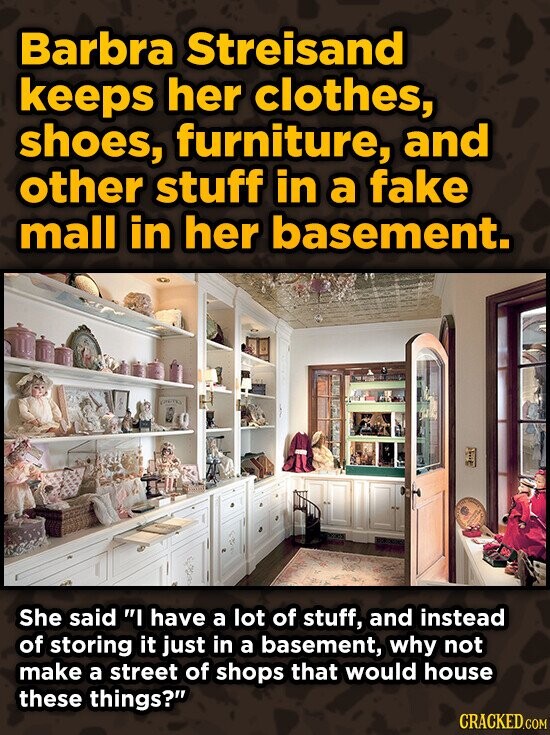 Barbra Streisand keeps her clothes, shoes, furniture, and other stuff in a fake mall in her basement. NITL She said I have a lot of stuff, and instea