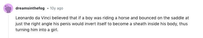 dreamsinthefog 10y ago Leonardo da Vinci believed that if a boy was riding a horse and bounced on the saddle at just the right angle his penis would invert itself to become a sheath inside his body, thus turning him into a girl.