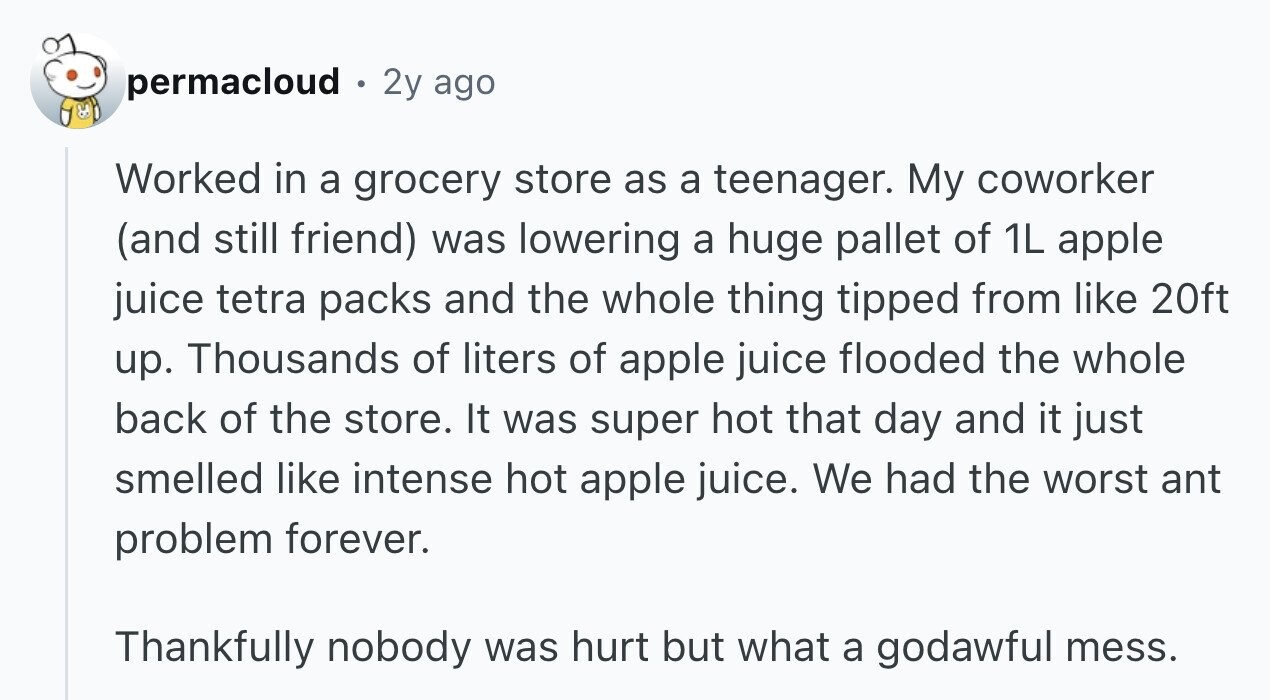 permacloud . 2y ago Worked in a grocery store as a teenager. My coworker (and still friend) was lowering a huge pallet of 1L apple juice tetra packs and the whole thing tipped from like 20ft up. Thousands of liters of apple juice flooded the whole back of the store. It was super hot that day and it just smelled like intense hot apple juice. We had the worst ant problem forever. Thankfully nobody was hurt but what a godawful mess.