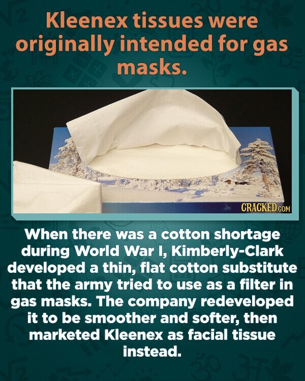 Kleenex tissues were originally intended for gas masks. x CRACKED.COM When there was a cotton shortage during World War I, Kimberly-Clark developed a thin, flat cotton substitute that the army tried to use as a filter in gas masks. The company redeveloped it to be smoother and softer, then marketed Kleenex as facial tissue instead.