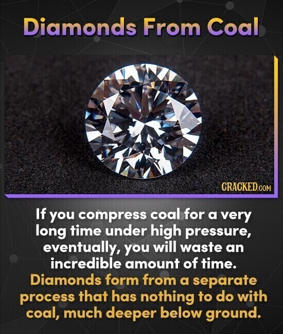 Diamonds From Coal CRACKED.COM If you compress coal for a very long time under high pressure, eventually, you will waste an incredible amount of time. Diamonds form from a separate process that has nothing to do with coal, much deeper below ground.