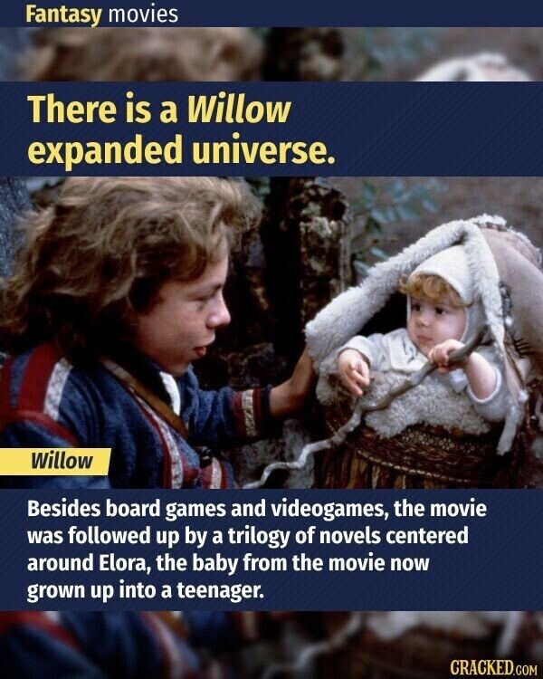 Fantasy movies There is a Willow expanded universe. Willow Besides board games and videogames, the movie was followed up by a trilogy of novels centered around Elora, the baby from the movie now grown up into a teenager. CRACKED.COM