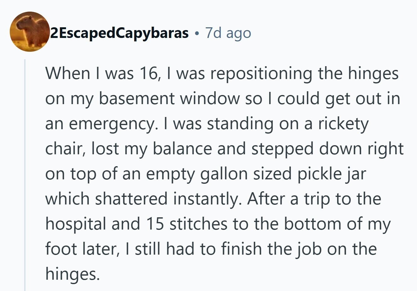 2EscapedCapybaras 7d ago When I was 16, I was repositioning the hinges on my basement window so I could get out in an emergency. I was standing on a rickety chair, lost my balance and stepped down right on top of an empty gallon sized pickle jar which shattered instantly. After a trip to the hospital and 15 stitches to the bottom of my foot later, I still had to finish the job on the hinges. 