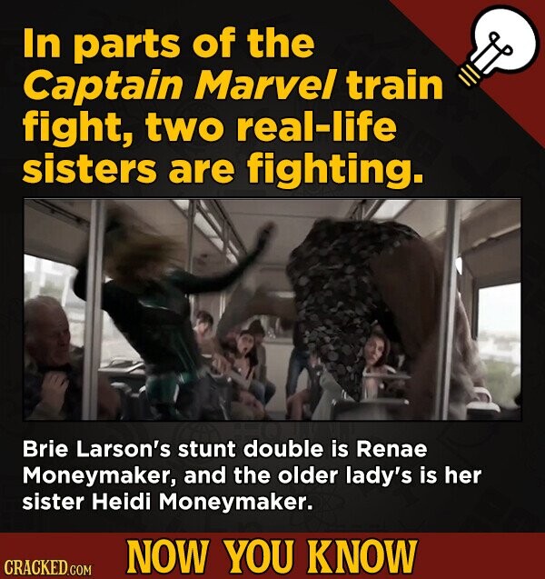 In parts of the Captain Marvel train fight, two real-life sisters are fighting. Brie Larson's stunt double is Renae Moneymaker, and the older lady's is her sister Heidi Moneymaker. NOW YOU KNOW CRACKED.COM