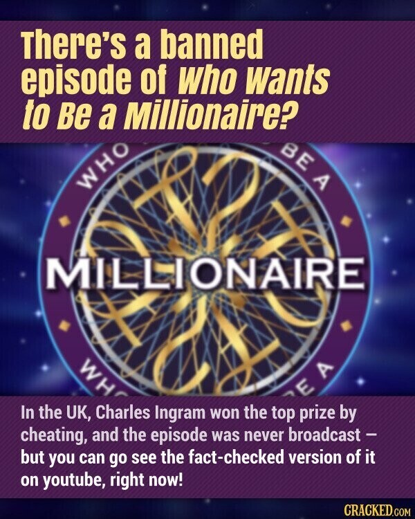 There's a banned episode of who wants to Be a Millionaire? BE A WHO MILLIONAIRE WH E A In the UK, Charles Ingram won the top prize by cheating, and the episode was never broadcast - but you can go see the fact-checked version of it on youtube, right now! CRACKED.COM