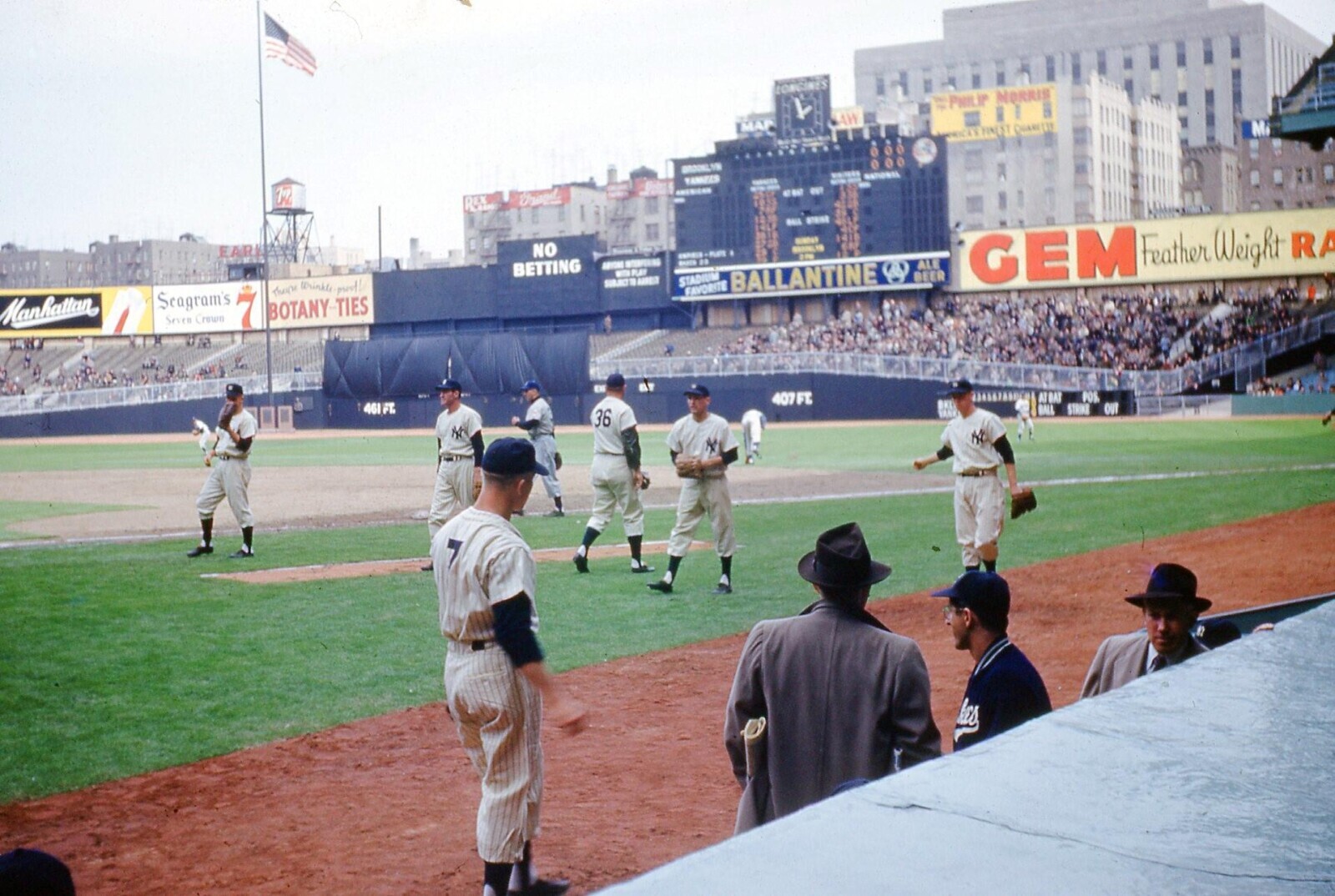 LONGINES PHILIP MORRIS 4W and B MAP FINEST QUARELLI M BROOKLYN 1up YANKEES - NATIONAL Frand REX AMERICAN em QUI BALL STRING EARL NO SUNDAY Naviento FURS BETTING ANYONE INTERFERING BASES an 2.99 They're Wrinkle prest! - ALE GEM Feather Weight RA Seagram's STADIUM FAVORITE BALLANTINE Manhattan BEER Seven Crown BOTANY-TIES 461 FT. 407FT AT BAT POS 36 BKL VANI BALL STRIKE OUT les