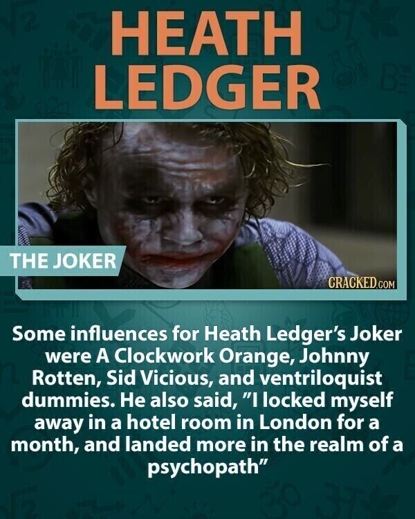HEATH LEDGER THE JOKER CRACKED.COM Some influences for Heath Ledger's Joker were A Clockwork Orange, Johnny Rotten, Sid Vicious, and ventriloquist dummies. Не also said, I locked myself away in a hotel room in London for a month, and landed more in the realm of a psychopath