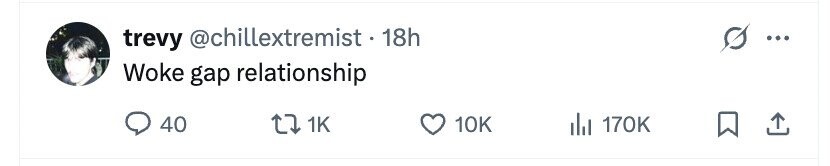 trevy @chillextremist - 18h 5 ... Woke gap relationship 40 1K 10K 170K