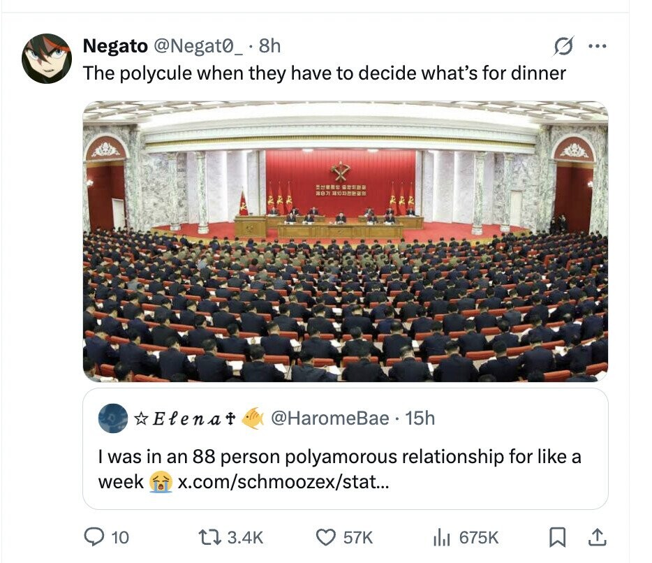 Negato @Negat0_ . 8 8h ... The polycule when they have to decide what's for dinner GEROS Elenat @HaromeBae 15h I was in an 88 person polyamorous relationship for like a week x.com/schmoozex/stat... 10 3.4K 57K 675K