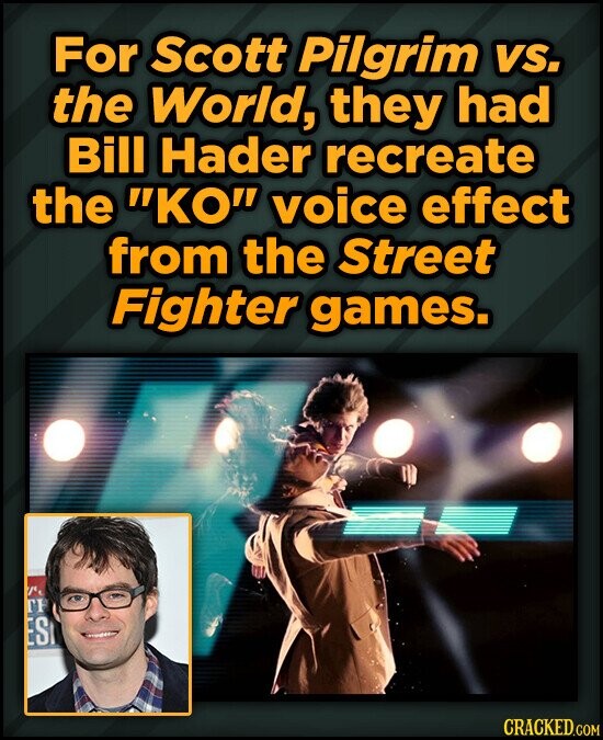 For Scott Pilgrim vs. the World, they had Bill Hader recreate the KO voice effect from the Street Fighter games. re TH ES CRACKED.COM