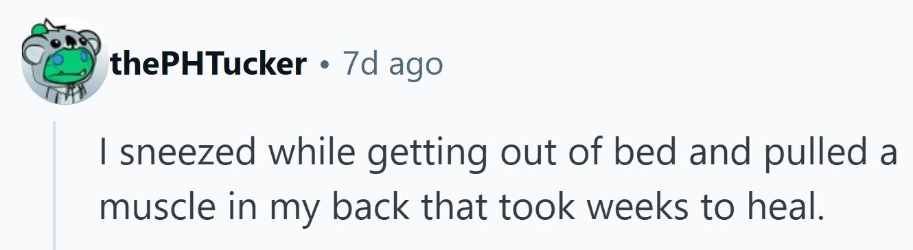 thePHTucker . 7d ago I sneezed while getting out of bed and pulled a muscle in my back that took weeks to heal. 