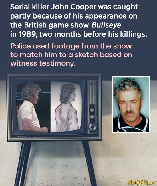 Serial killer John Cooper was caught partly because of his appearance on the British game show Bullseye in 1989, two months before his killings. Police used footage from the show to match him to a sketch based on witness testimony. GRAGKED.COM