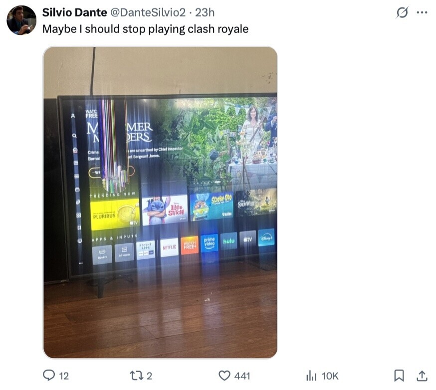 Silvio Dante @DanteSilvio2 23h s ... Maybe I should stop playing clash royale WATC & FREE M MER Q ERS N EX are unearthed by Chief Inspector Crime int Sergeant Jones Barnal W и TRENBING NOW - StooBy DOO - - ШОм STITCH tube RB PLURIBUS and #tv . tv Disney APPS A INPUTS R prime hulu WATCH video RECENT NETFLIX FREE+ APPS = All HOME 12 2 441 del 10K 