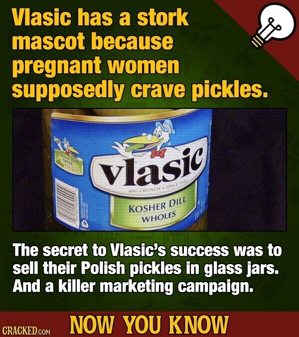 Vlasic has a stork mascot because pregnant women supposedly crave pickles. TASTE Vlasic MG CRUNCH SINCE 190 KOSHER DILL JOU much WHOLES The secret to Vlasic's success was to sell their Polish pickles in glass jars. And a killer marketing campaign. NOW YOU KNOW CRACKED.COM