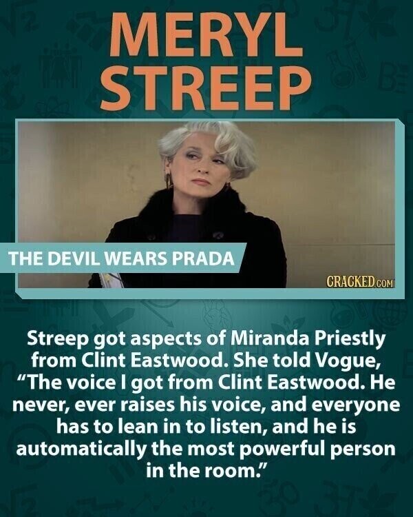 MERYL STREEP THE DEVIL WEARS PRADA CRACKED.COM Streep got aspects of Miranda Priestly from Clint Eastwood. She told Vogue, The voice I got from Clint Eastwood. Не never, ever raises his voice, and everyone has to lean in to listen, and he is automatically the most powerful person in the room.