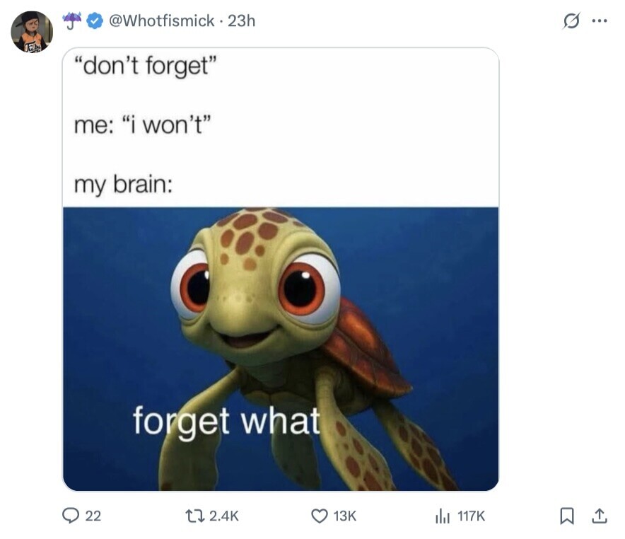@Whotfismick 23h s ... 16 don't forget me: i won't my brain: forget what 22 2.4K 13K dil 117K 