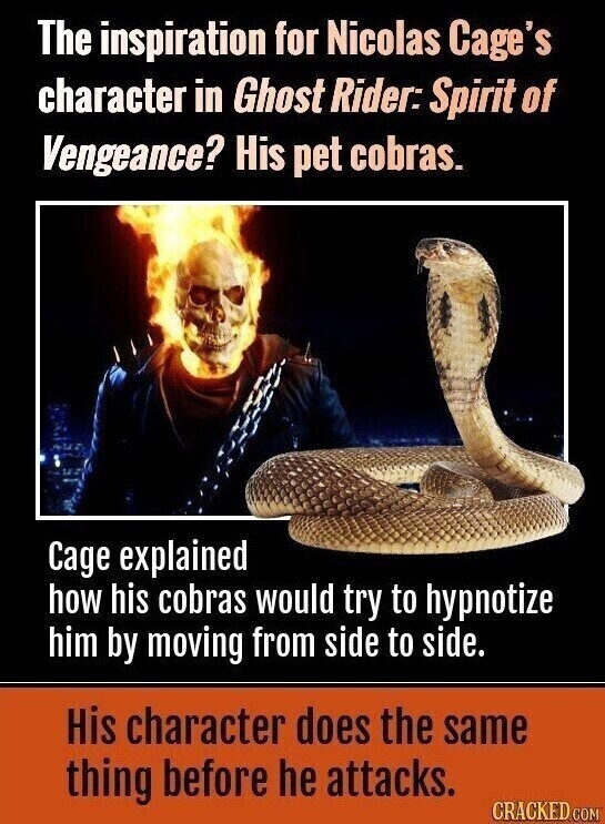 The inspiration for Nicolas Cage's character in Ghost Rider: Spirit of Vengeance? His pet cobras. Cage explained how his cobras would try to hypnotize him by moving from side to side. His character does the same thing before he attacks. CRACKED COM