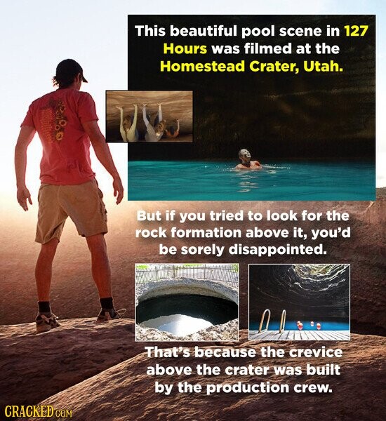 This beautiful pool scene in 127 Hours was filmed at the Homestead Crater, Utah. But if you tried to look for the rock formation above it, you'd be sorely disappointed. That's because the crevice above the crater was built by the production crew. CRACKED.COM