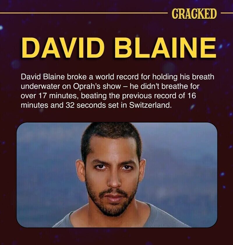 CRACKED DAVID BLAINE David Blaine broke a world record for holding his breath underwater on Oprah's show-he didn't breathe for over 17 minutes, beating the previous record of 16 minutes and 32 seconds set in Switzerland.