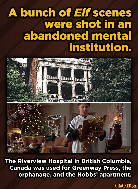 A bunch of Elf scenes were shot in an abandoned mental institution. TTTE The Riverview Hospital in British Columbia, Canada was used for Greenway Press, the orphanage, and the Hobbs' apartment.