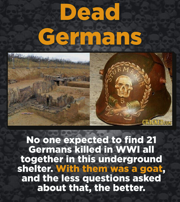 Dead Germans 5 CRACKED.COM No one expected to find 21 Germans killed in WWI all together in this underground shelter. With them was a goat, and the less questions asked about that, the better.