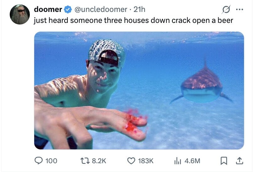 doomer @uncledoomer 21h ... just heard someone three houses down crack open a beer 100 8.2K 183K del 4.6M