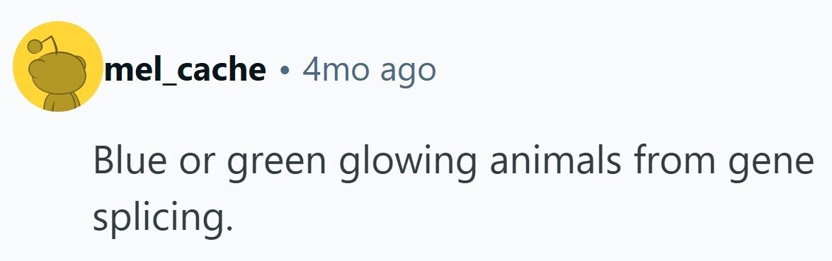 mel_cache . 4mo ago Blue or green glowing animals from gene splicing.