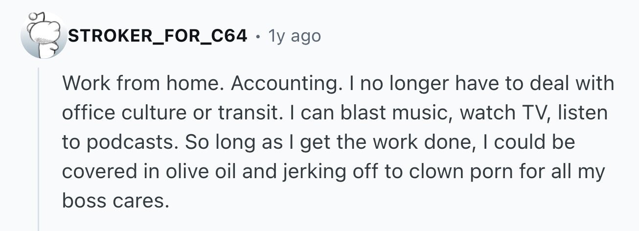 STROKER_FOR_C64 1y ago Work from home. Accounting. I no longer have to deal with office culture or transit. I can blast music, watch TV, listen to podcasts. So long as I get the work done, I could be covered in olive oil and jerking off to clown porn for all my boss cares.