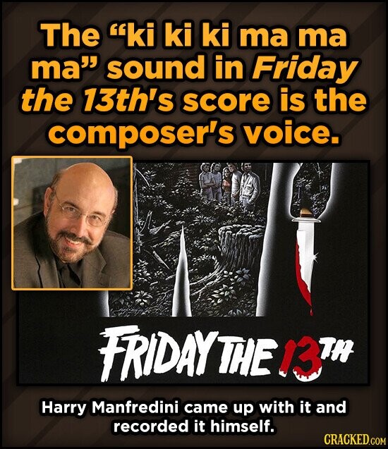 The ki ki ki ma ma ma sound in Friday the 13th's score is the composer's voice. FRIDAY THE 13TH Harry Manfredini came up with it and recorded it himself. CRACKED.COM