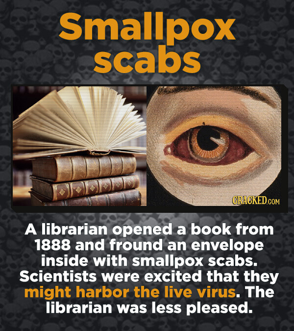 Smallpox scabs GRACKED.COM A librarian opened a book from 1888 and fround an envelope inside with smallpox scabs. Scientists were excited that they might harbor the live virus. The librarian was less pleased.