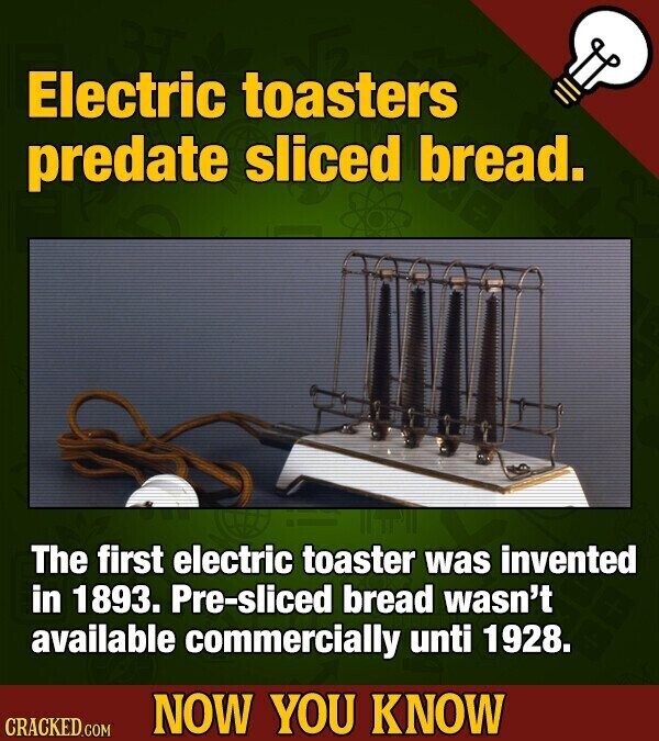 Electric toasters predate sliced bread. The first electric toaster was invented in 1893. Pre-sliced bread wasn't available commercially unti 1928. NOW YOU KNOW CRACKED.COM