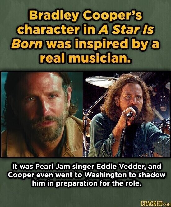 Bradley Cooper's character in A Star Is Born was inspired by a real musician. It was Pearl Jam singer Eddie Vedder, and Cooper even went to Washington to shadow him in preparation for the role. CRACKED.COM