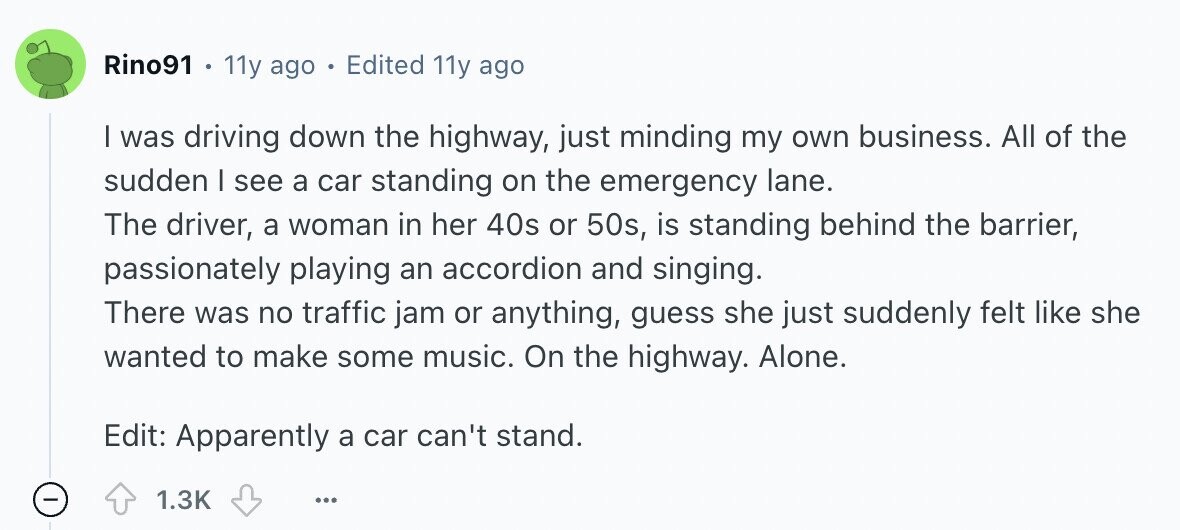 Rino91 . 11y ago Edited 11y ago I was driving down the highway, just minding my own business. All of the sudden I see a car standing on the emergency lane. The driver, a woman in her 40s or 50s, is standing behind the barrier, passionately playing an accordion and singing. There was no traffic jam or anything, guess she just suddenly felt like she wanted to make some music. On the highway. Alone. Edit: Apparently a car can't stand. - 1.3K ...