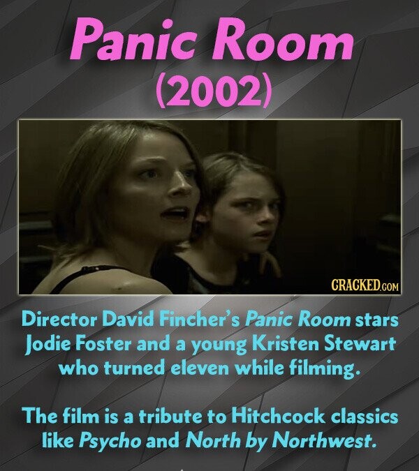 Panic Room (2002) CRACKED.COM Director David Fincher's Panic Room stars Jodie Foster and a young Kristen Stewart who turned eleven while filming. The film is a tribute to Hitchcock classics like Psycho and North by Northwest.