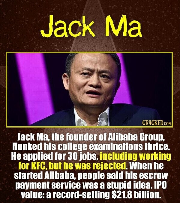 Jack Ma CRACKED.COM Jack Ma, the founder of Alibaba Group, flunked his college examinations thrice. Не applied for 30 jobs, including working for KFC, but he was rejected. When he started Alibaba, people said his escrow payment service was a stupid idea. IPO value: a record-setting $21.8 billion.