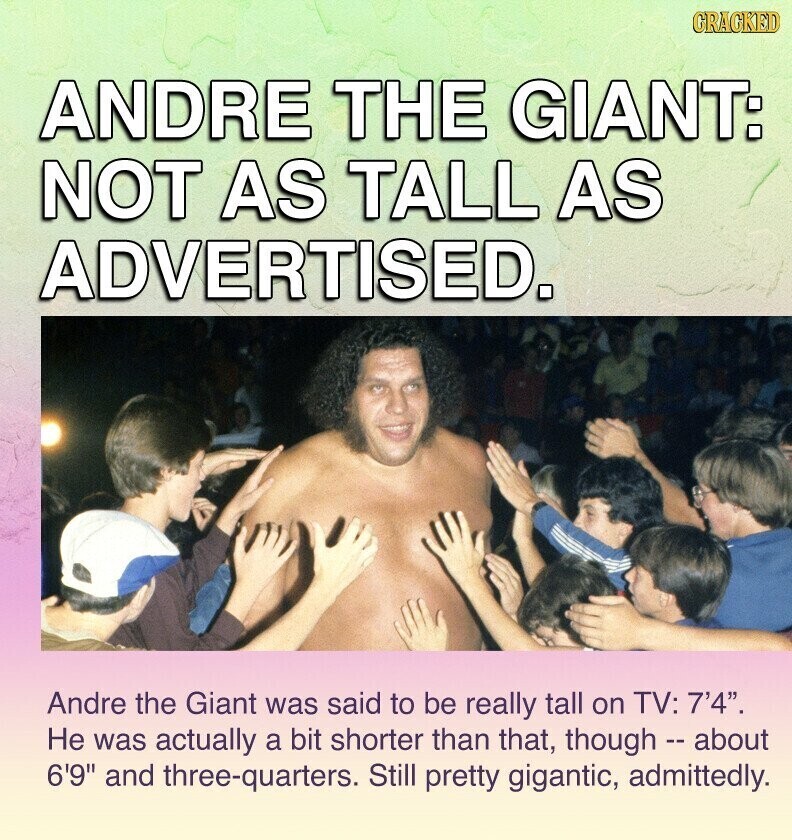 GRACKED ANDRE THE GIANT: NOT AS TALL AS ADVERTISED. Andre the Giant was said to be really tall on TV: 7'4. Не was actually a bit shorter than that, though - about 6'9 and three-quarters. Still pretty gigantic, admittedly.