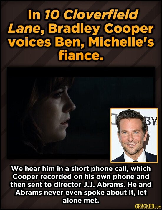 In 10 Cloverfield Lane, Bradley Cooper voices Ben, Michelle's fiance. BY We hear him in a short phone call, which Cooper recorded on his own phone and then sent to director J.J. Abrams. Не and Abrams never even spoke about it, let alone met. CRACKED.COM