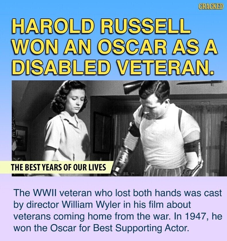 GRACKED HAROLD RUSSELL WON AN OSCAR AS A DISABLED VETERAN. THE BEST YEARS OF OUR LIVES The WWII veteran who lost both hands was cast by director William Wyler in his film about veterans coming home from the war. In 1947, he won the Oscar for Best Supporting Actor.