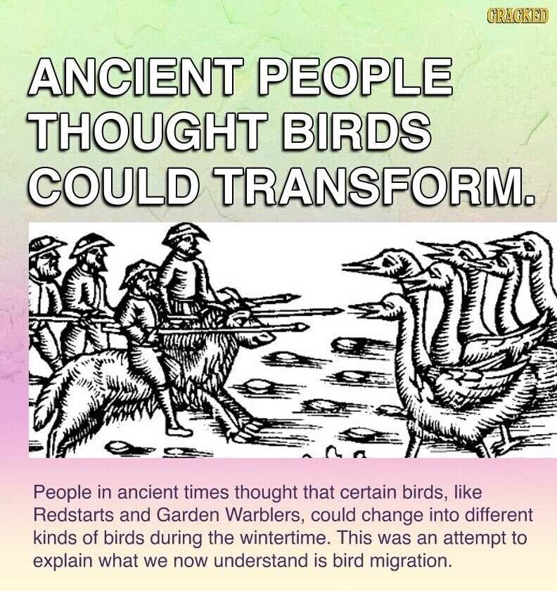 GRACKED ANCIENT PEOPLE THOUGHT BIRDS COULD TRANSFORM. People in ancient times thought that certain birds, like Redstarts and Garden Warblers, could change into different kinds of birds during the wintertime. This was an attempt to explain what we now understand is bird migration.