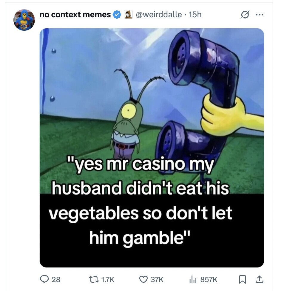 no context memes @weirddalle . 15h G ... yes mr casino my husband didn't eat his vegetables so don't let him gamble 28 1.7K 37K 857K