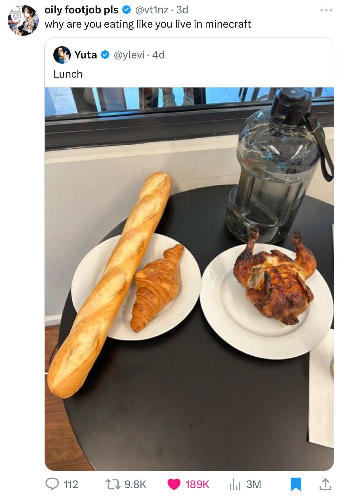 oily footjob pls @vt1nz. 3d N E why are you eating like you live in minecraft Yuta @ylevi . 4d Lunch 112 9.8K 189K 3M