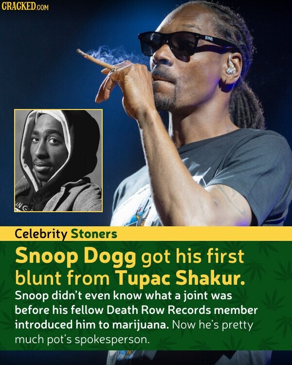 CRACKED.COM B ANG Celebrity Stoners Snoop Dogg got his first blunt from Tupac Shakur. Snoop didn't even know what a joint was before his fellow Death Row Records member introduced him to marijuana. Now he's pretty much pot's spokesperson.