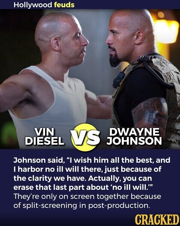 Hollywood feuds VIN DWAYNE DIESEL VS JOHNSON Johnson said, I wish him all the best, and I harbor no ill will there, just because of the clarity we have. Actually, you can erase that last part about 'no ill will.''' They're only on screen together because of split-screening in post-production. CRACKED