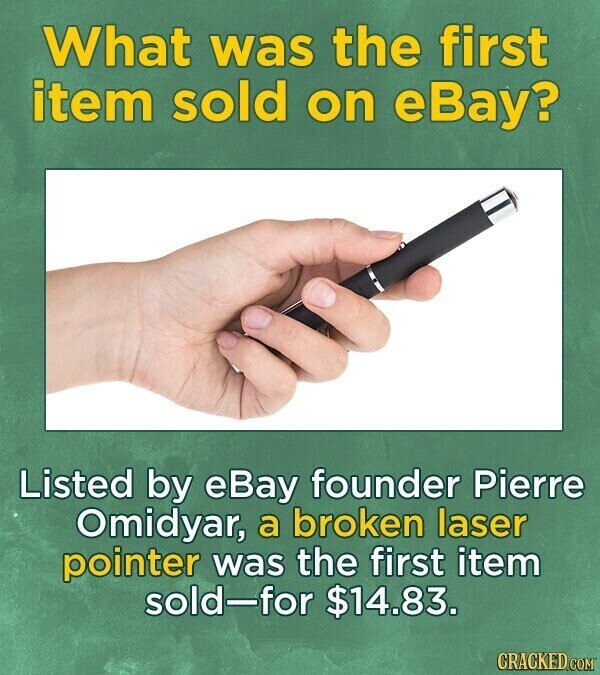 What was the first item sold on eBay? Listed by eBay founder Pierre Omidyar, a broken laser pointer was the first item sold-for $14.83. CRACKED COM