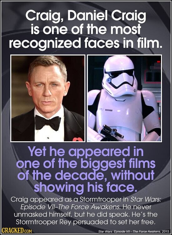 Craig, Daniel Craig is one of the most recognized faces in film. Yet he appeared in one of the biggest films of the decade, without showing his face. Craig appeared as a Stormtrooper in Star Wars: Episode VII-The Force Awakens. Не never unmasked himself, but he did speak. He's the Stormtrooper Rey persuaded to set her free. CRACKED.COM Star Wars Episode VII - The Force Awakens, 2015.