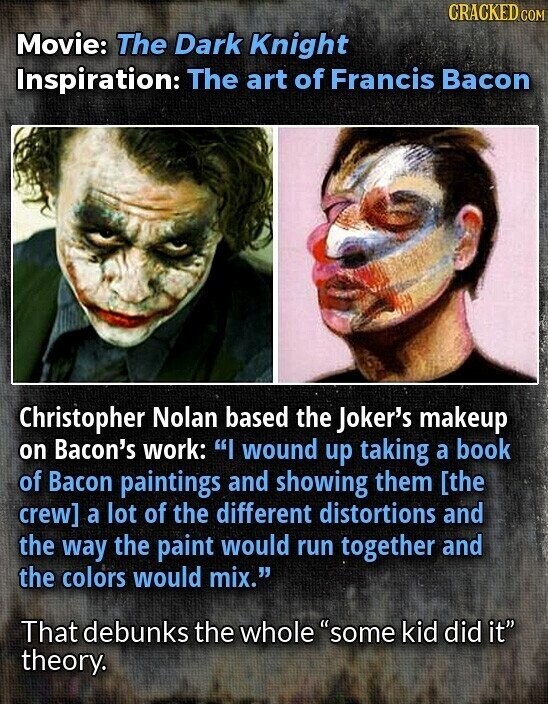 CRACKED COM Movie: The Dark Knight Inspiration: The art of Francis Bacon Christopher Nolan based the Joker's makeup on Bacon's work: I wound up taking a book of Bacon paintings and showing them a lot of the different distortions and the way the paint would run together and the colors would mix. That debunks the whole some kid did it theory.