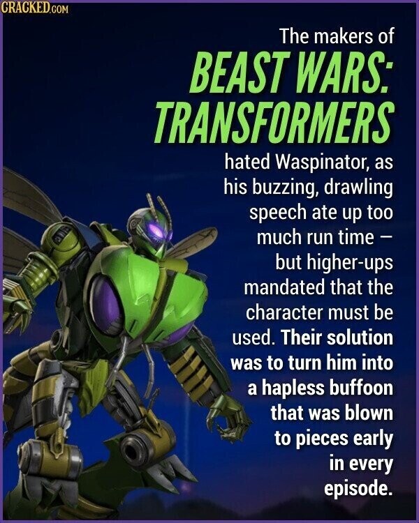 CRACKED.COM The makers of BEAST WARS: TRANSFORMERS hated Waspinator, as his buzzing, drawling speech ate up too much run time - but higher-ups mandated that the character must be used. Their solution was to turn him into a hapless buffoon that was blown to pieces early in every episode.