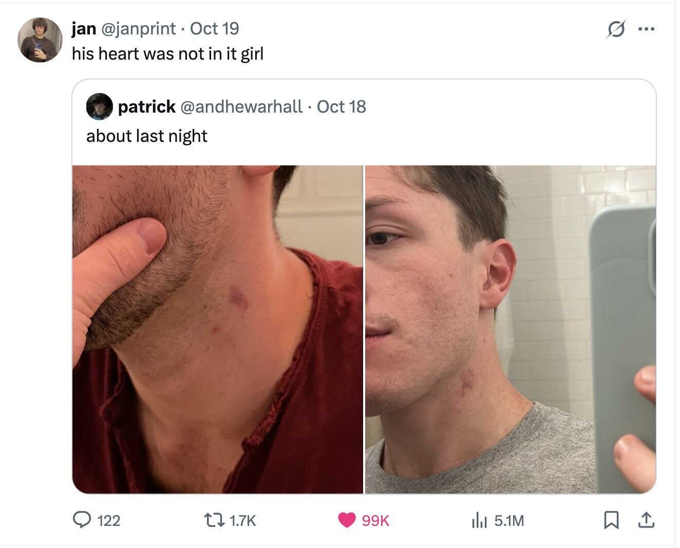 s ... jan @janprint Oct 19 his heart was not in it girl patrick @andhewarhall. Oct 18 about last night 122 1.7K 99K del 5.1M