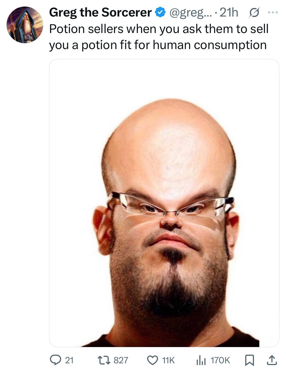 Greg the Sorcerer @greg... 21h s ... Potion sellers when you ask them to sell you a potion fit for human consumption 21 11K 827 del 170K 