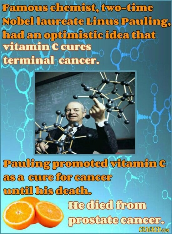 Famous chemist, two-time Nobel laureate Linus Pauling, had an optimistic idea that vitamin с cures terminal cancer. Pauling promoted vitamin с as a cure for cancer until his death. Не died from prostate cancer. GRACKED.COM